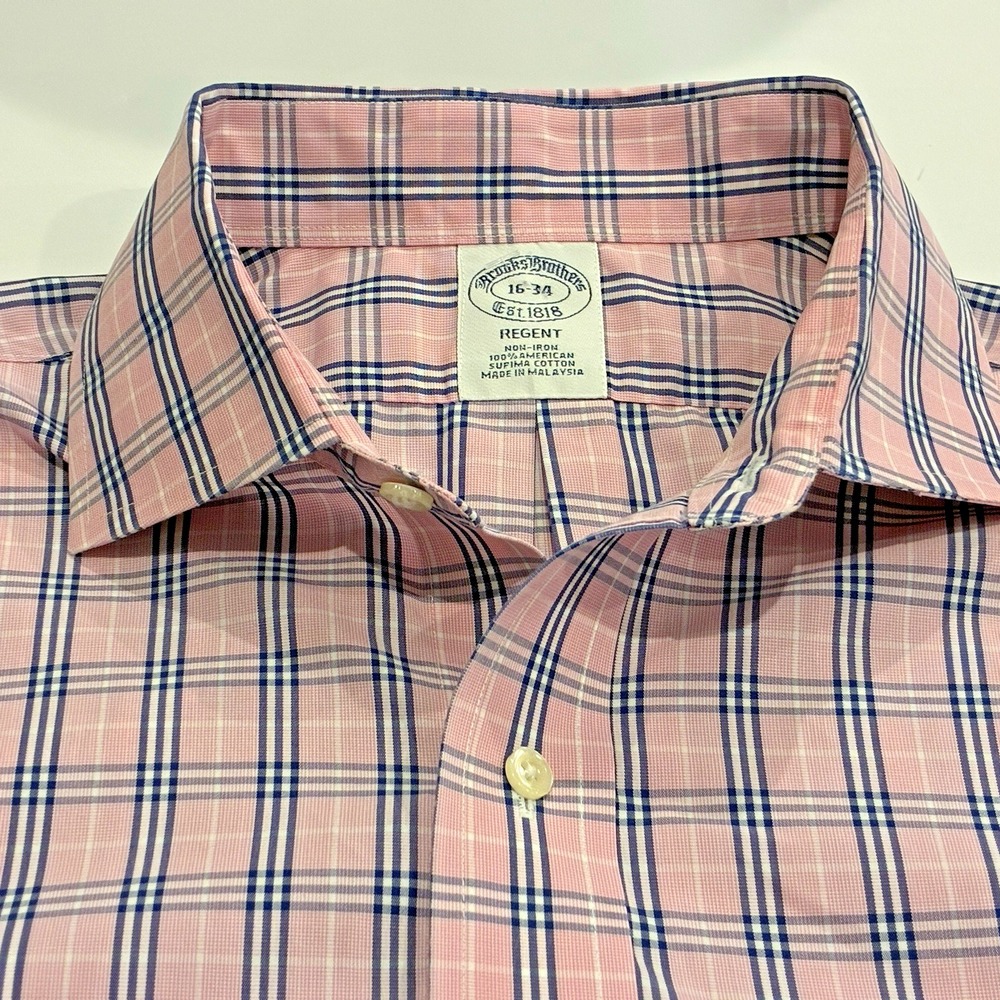Brooks Brothers Regent Non Iron Dress Shirt Mens 16-34 Pink Blue Check Supima